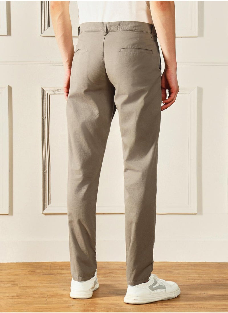 Mid Khaki Slim Fit Chinos for Men - 100% Cotton, Full Length, Button & Zip, Mid Rise, Casual,