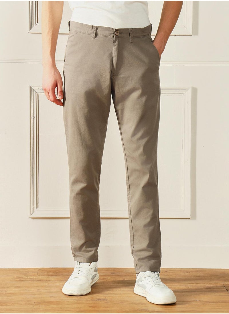 Mid Khaki Slim Fit Chinos for Men - 100% Cotton, Full Length, Button & Zip, Mid Rise, Casual,