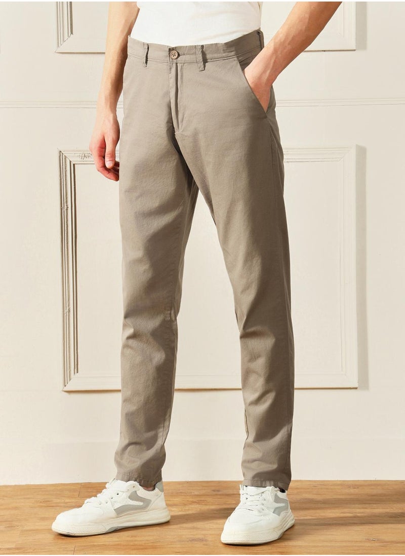 Mid Khaki Slim Fit Chinos for Men - 100% Cotton, Full Length, Button & Zip, Mid Rise, Casual,