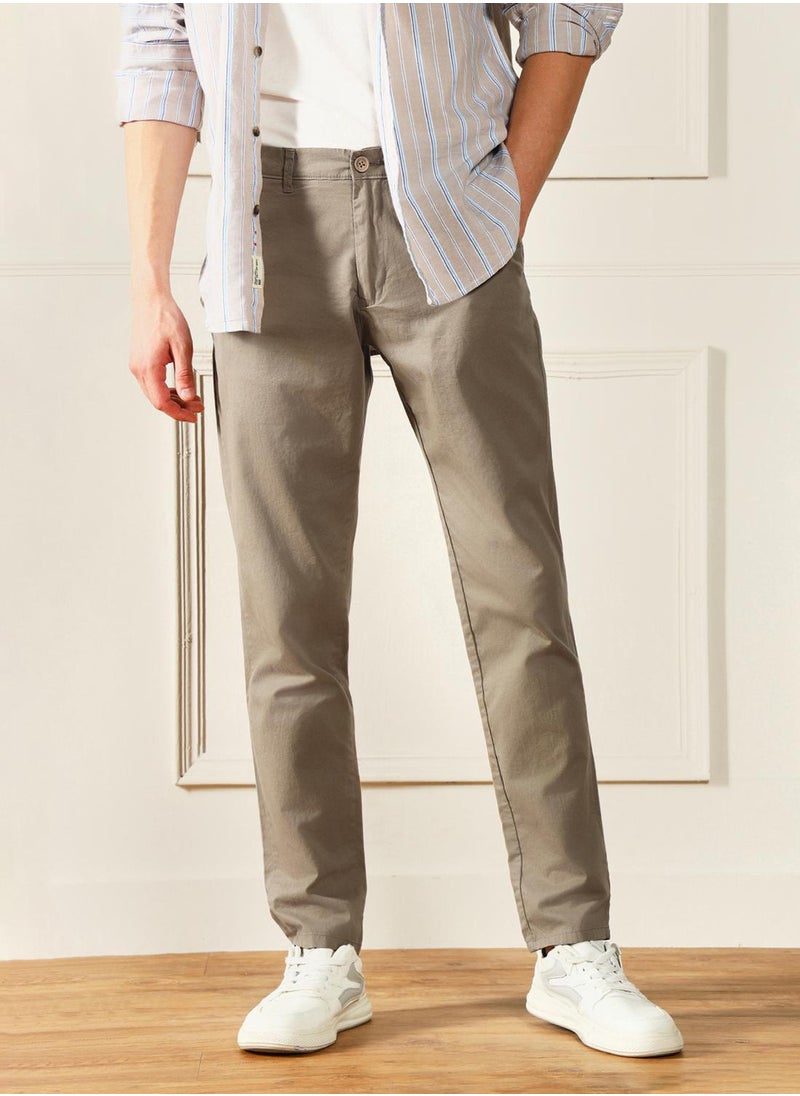 Mid Khaki Slim Fit Chinos for Men - 100% Cotton, Full Length, Button & Zip, Mid Rise, Casual,