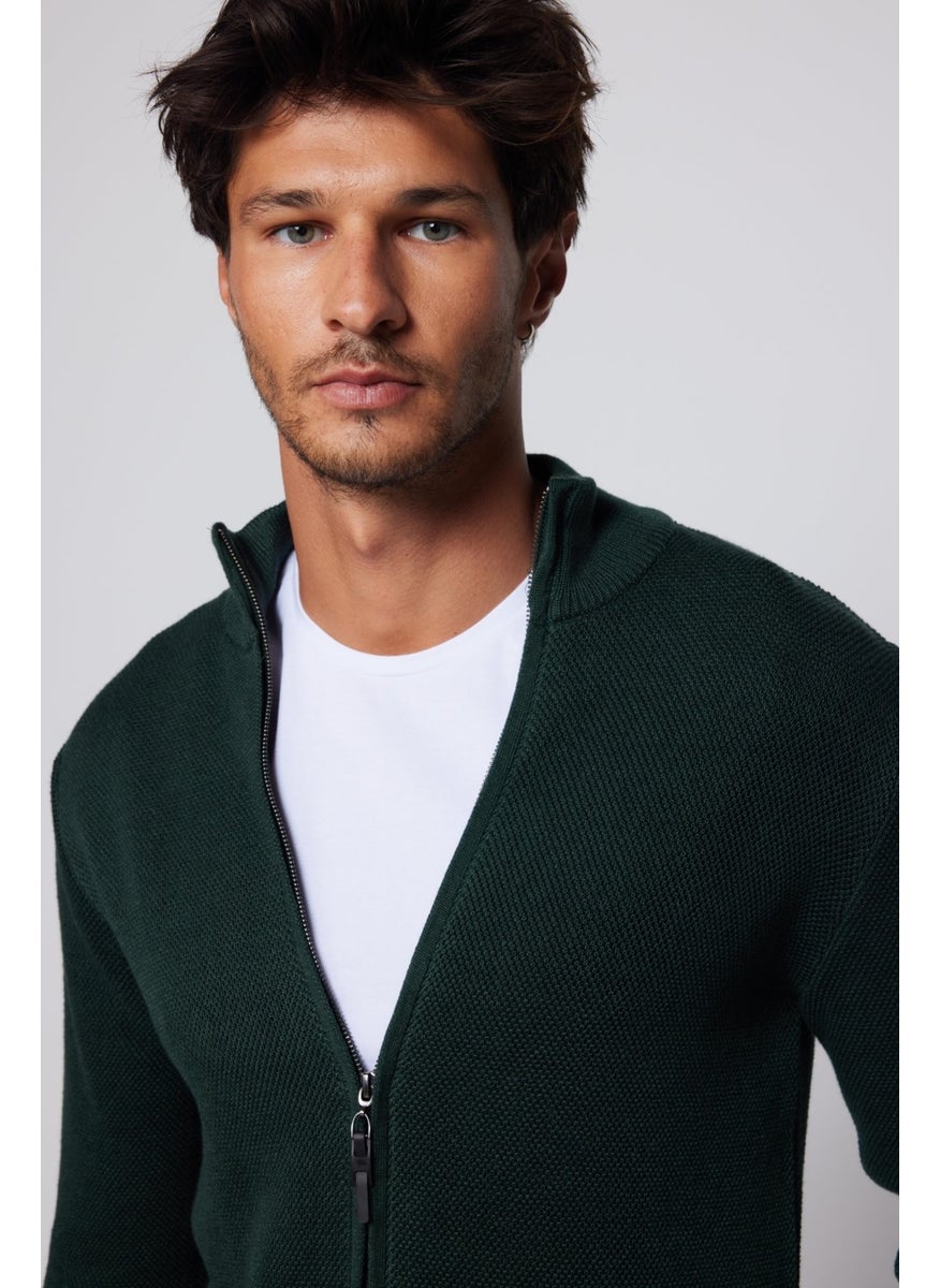 Men's Half Turtleneck Zippered Green Cardigan