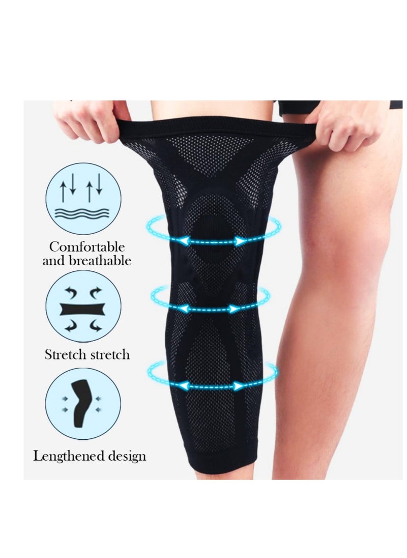 Knee Compression Sleeve, Sport Full Long Leg Knee Compression Sleeve, with Patella Gel Pad & Side Stabilizers, Knee Brace for Pain Relief, for Men Women Running Gym Workout (Black,Large)