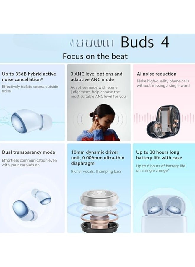 Buds 4 Wireless Earphones Noise Canceling with Adaptive ANC Mode, AI Noise Reduction IP54, Dust and Water Resistant, Long Battery Life up to 30 Hours Blue Color