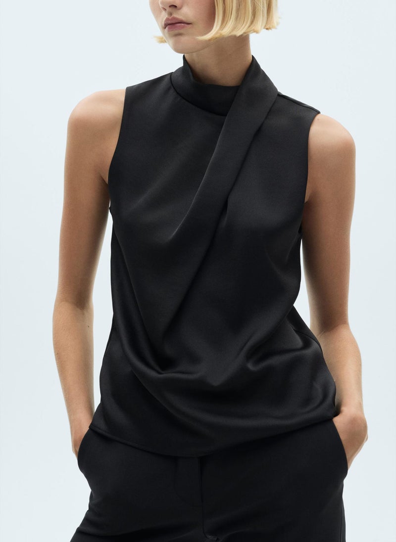 Casual Turtleneck Draped Satin Blouse