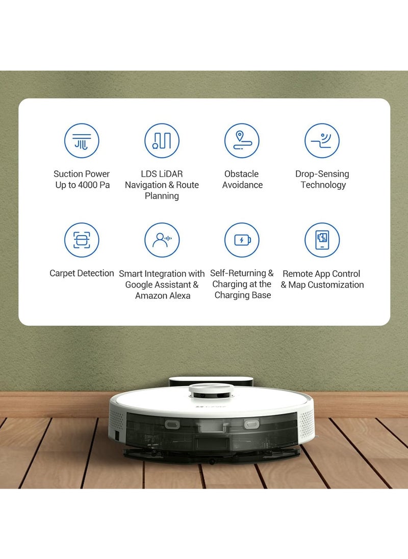 EZVIZ Robot Vacuum Cleaner, LiDAR Navigation Obstacle Detection, 4000Pa Suction, Carpet Detection, Water Tank 300 ml, 180 min Battery, APP/Alexa Control, RE5, White