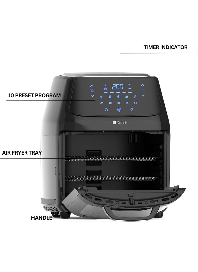 Danish Design Air Fryer Oven, 1800W, 16L Capacity, 10 Cooking Programs (Fry, Grill, Bake), Digital Touch Screen, Rapid Heating, No Preheat, Non-Stick, Auto Shut-Off, Removable Drip Tray, Easy-Clean, Energy Efficient