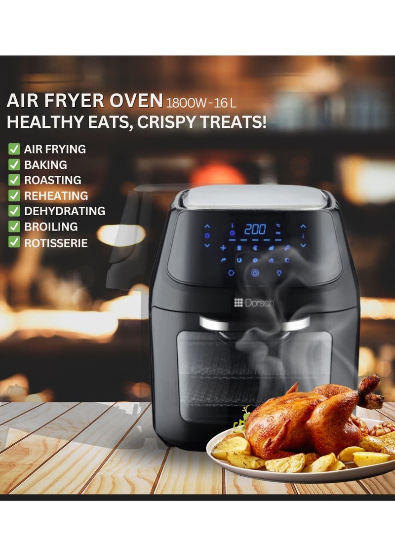 Danish Design Air Fryer Oven, 1800W, 16L Capacity, 10 Cooking Programs (Fry, Grill, Bake), Digital Touch Screen, Rapid Heating, No Preheat, Non-Stick, Auto Shut-Off, Removable Drip Tray, Easy-Clean, Energy Efficient