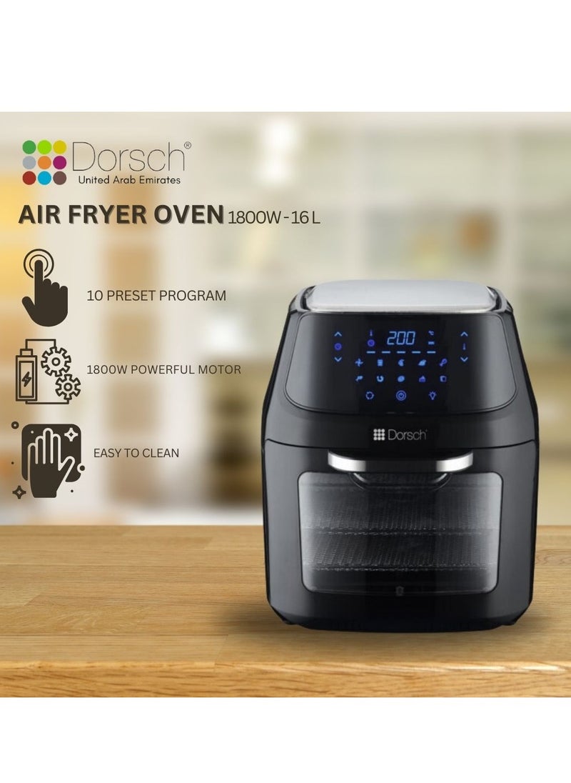 Danish Design Air Fryer Oven, 1800W, 16L Capacity, 10 Cooking Programs (Fry, Grill, Bake), Digital Touch Screen, Rapid Heating, No Preheat, Non-Stick, Auto Shut-Off, Removable Drip Tray, Easy-Clean, Energy Efficient