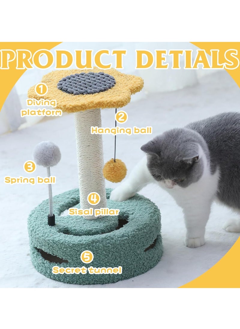 Cat Scratching Post, Flower Cat Scratchers Trees for Indoor Cats with Interactive Cat Toys, Featuring with Spring Ball, Hanging Ball, Turntable and Bell Ball