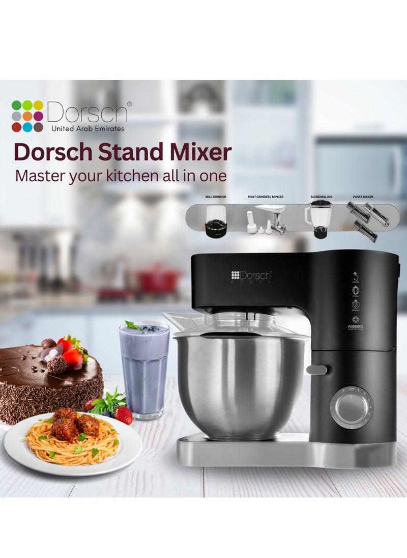 Danish Design Stand Mixer | 1200W Powerful Motor | 5L Stainless Steel Bowl | 8 Speed Settings + Pulse | Versatile Attachments for Dough, Whisking & Mixing | Anti-Slip Suction Feet | Durable and Easy-to-Clean | Compact & Modern Design | Overload Protection