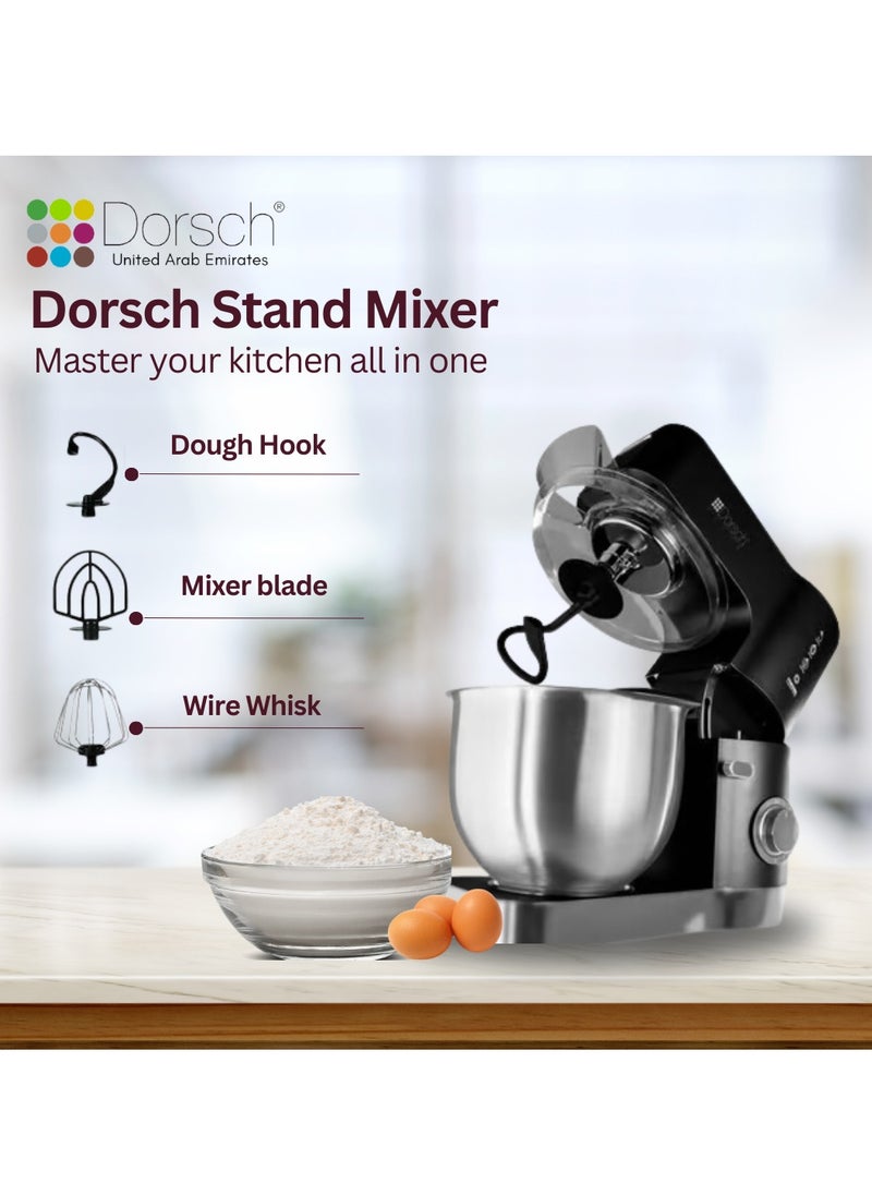 Danish Design Stand Mixer | 1200W Powerful Motor | 5L Stainless Steel Bowl | 8 Speed Settings + Pulse | Versatile Attachments for Dough, Whisking & Mixing | Anti-Slip Suction Feet | Durable and Easy-to-Clean | Compact & Modern Design | Overload Protection