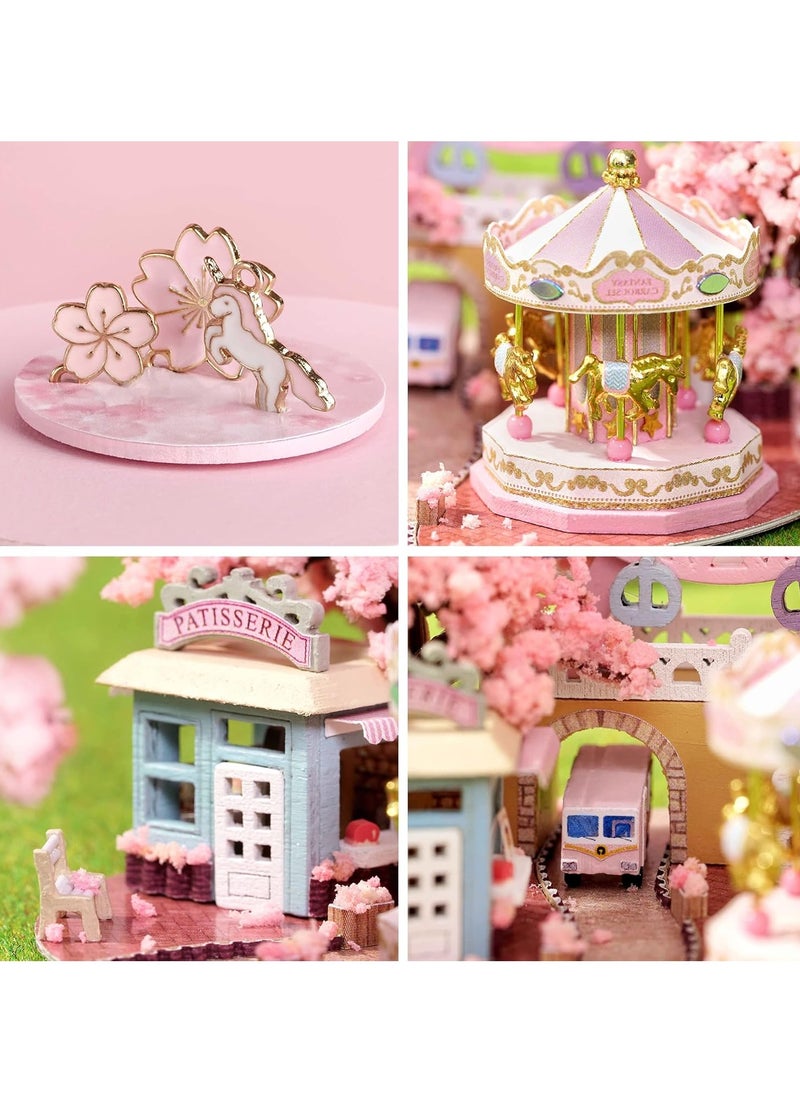 Dollhouse DIY Miniature Wooden Furniture Kit, Mini Handmade Dollhouse Model with Dust Cover and LED, 1:24 Scale Creative Woodworking Toy, Desktop Ornaments, Suitable for Friends Birthday Gift (Cherry Blossom Scenery)