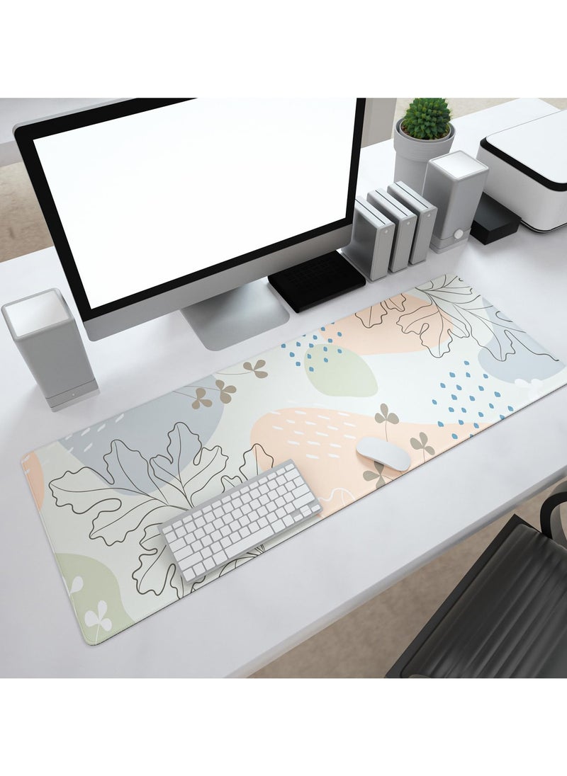 Gaming Mouse Pad with Stitched Edges, Boho Aesthetic Mouse Pad with Minimal Flower Plants, Extended XL Mousepad with Anti-Slip Base, Cute Large Mouse Pad for Desk, 31.5 x 11.8 in, Pastel