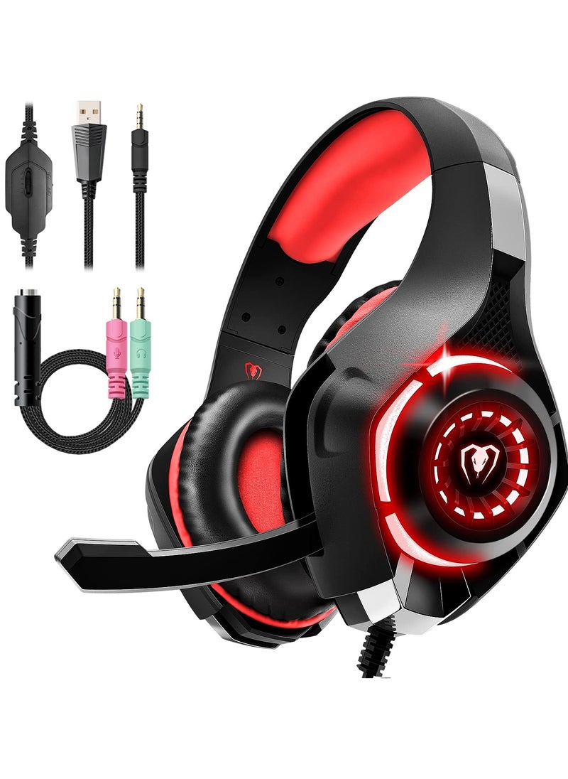 Gaming Headset for Xbox One Switch PC with Noise Canceling Mic, Deep Bass Stereo Sound (Black Red)