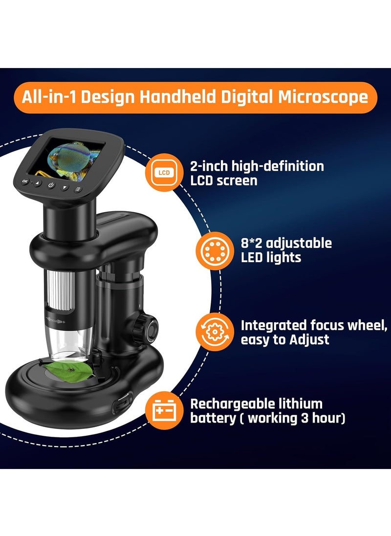 Kids Microscope Including 32GB SD Card and 12 Dspecimens Handheld Digital Microscope with 2 IPS Screen Take Pictures Videos Download to PC Mac 1000X Pocket Microscope