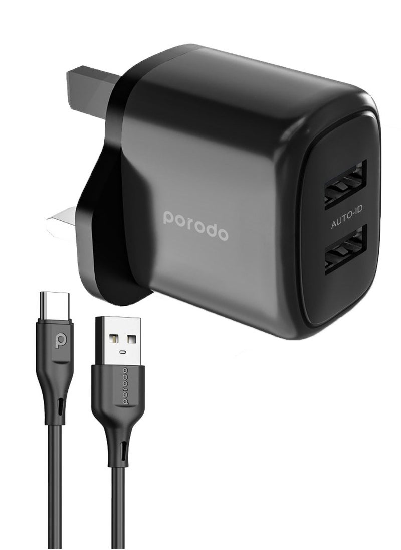 Dual Output Charger with USB - A USB - C Cable - Black