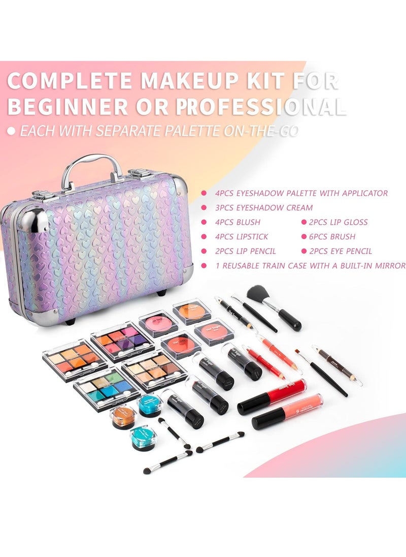 Hot Sugar All In One Makeup Set for Teenager Girls 10-12 Full Makeup Kit for Beginners Includes Eye Shadow Palette Blush Lip Gloss Lipstick Eye Pencil Brush Mirror (Purple Heart)