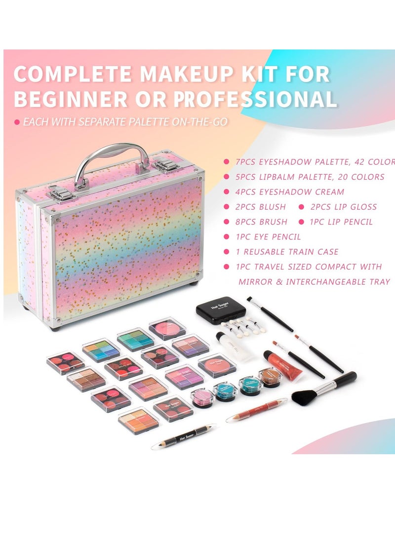 Hot Sugar Makeup Kit for Teenager Girls - Full Starter Cosmetics Set with Eye Shadow Lip Balm Blush Lip Gloss Brush Lip Pencil Eye Pencil and Mirror (Rainbow)