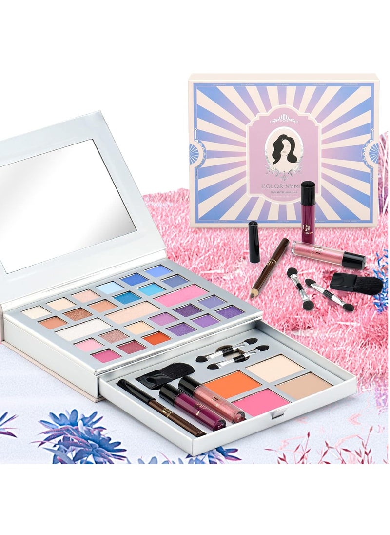 Color Nymph Makeup Kit for Teens, All in One Makeup Kit for Women Included 24 Colors of Matte Shimmer Eyeshadow, Highly Pigmented Lip Glosses, Eyeliner Pencil, Brushes, and Mirror