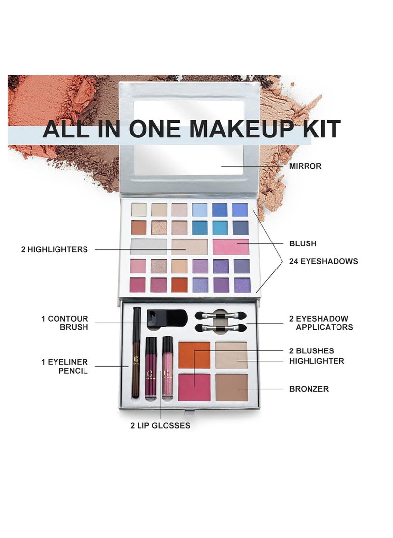 Color Nymph Makeup Kit for Teens, All in One Makeup Kit for Women Included 24 Colors of Matte Shimmer Eyeshadow, Highly Pigmented Lip Glosses, Eyeliner Pencil, Brushes, and Mirror