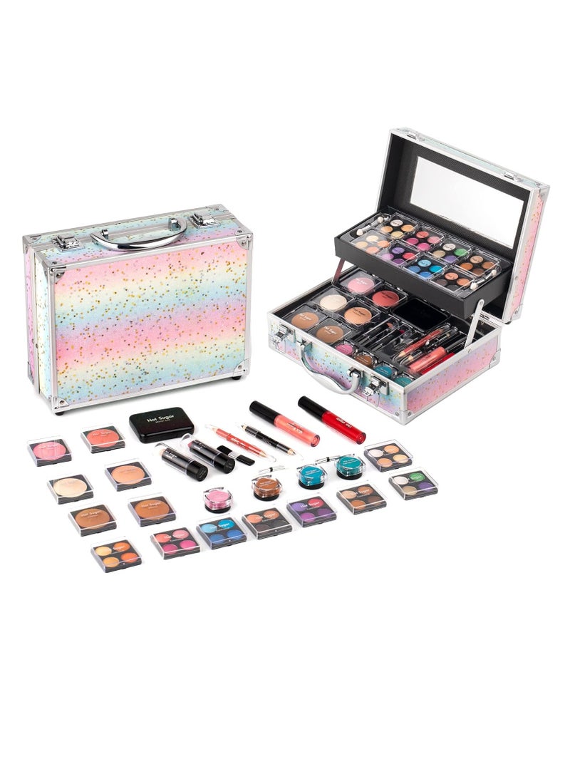 Hot Sugar Makeup Kit for Women Full Kit Teen Girls Starter Cosmetic Gift Set with Beautiful Rainbow Train Case Includes Pigmented Eyeshadow Palette Blush Lipstick Lip Pencil Eye Pencil (Rainbow)