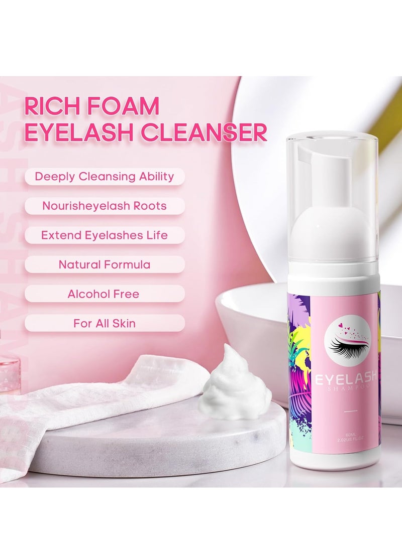 Buqikma Lash Cleaning Kit - Lash Shampoo Kit Eyelash Extension Cleanser for Extensions 60ML with Rechargeable Handheld Lash Fan Dryer Mascara Brush Rinse Bottle Makeup Cleansing Foam for Lash Care