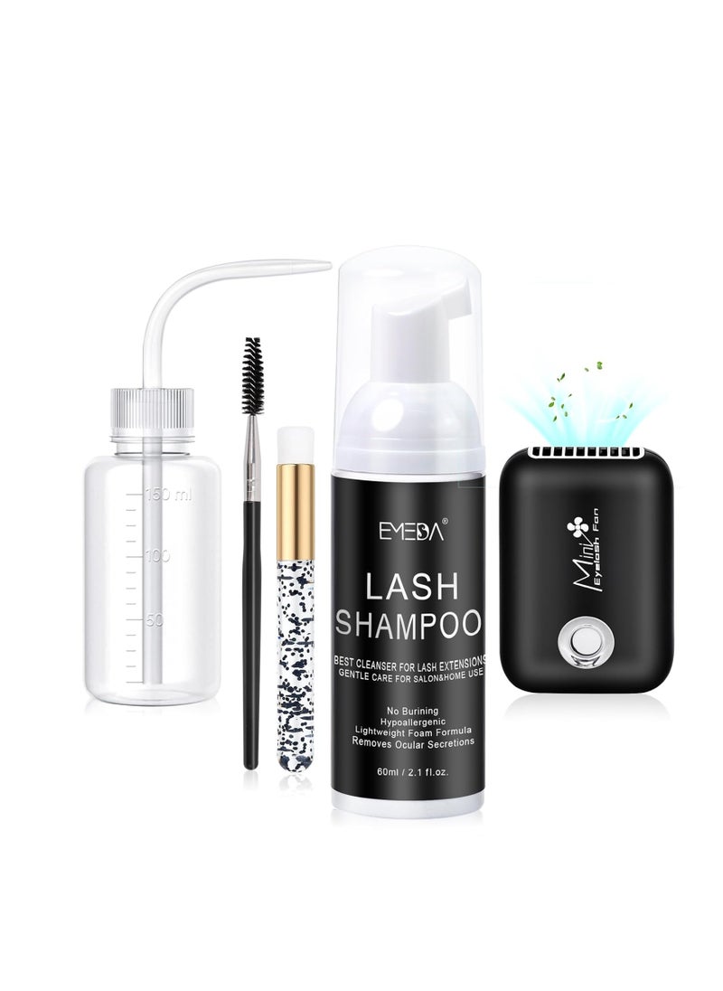 EMEDA Lash Shampoo Kit Cleaning Bath - Lash Cleanser for Extensions, USB Mini Portable Fan Brush Wash Bottle, Oil Free Lash Foam Safe for Natural Lashes Eyelash Shampoo for Lash Extensions