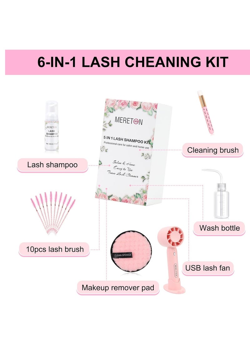 Lash Shampoo Kit 60 ml Lash Shampoo for Lash Extensions Lash Extension Cleanser 6 in 1 Eye Lash Cleansing Foam for Lash Clusters with Lash Wash, Lash Fan, Makeup Pad, Rinse Bottle, Lash Brush