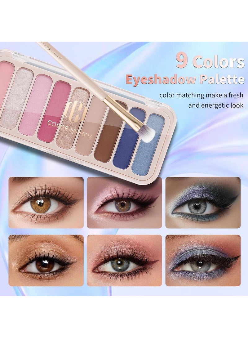 Color Nymph Teen Girls Makeup Kits, Makeup Set For Girls With Sequin Bag All In One Makeup Kit For Women Packed Individually 9 Colors Eyeshadow Palette Liquid Blush Lip gloss Mascara -Pink Blue