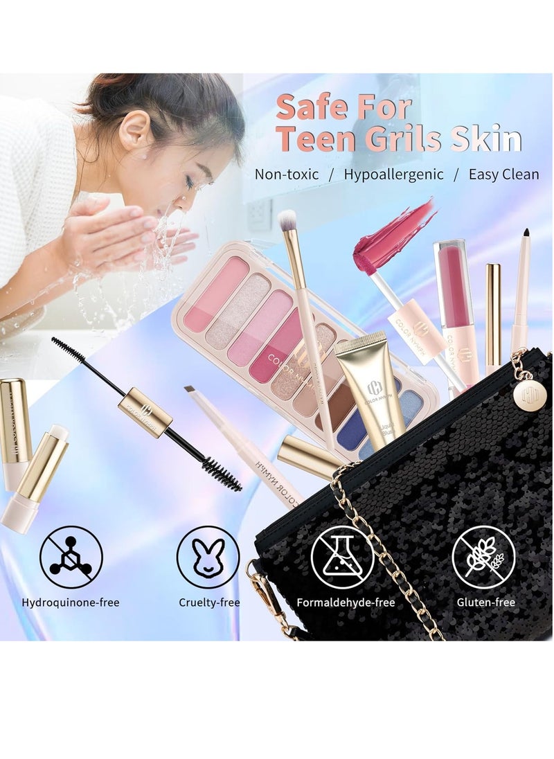 Color Nymph Teen Girls Makeup Kits, Makeup Set For Girls With Sequin Bag All In One Makeup Kit For Women Packed Individually 9 Colors Eyeshadow Palette Liquid Blush Lip gloss Mascara -Pink Blue