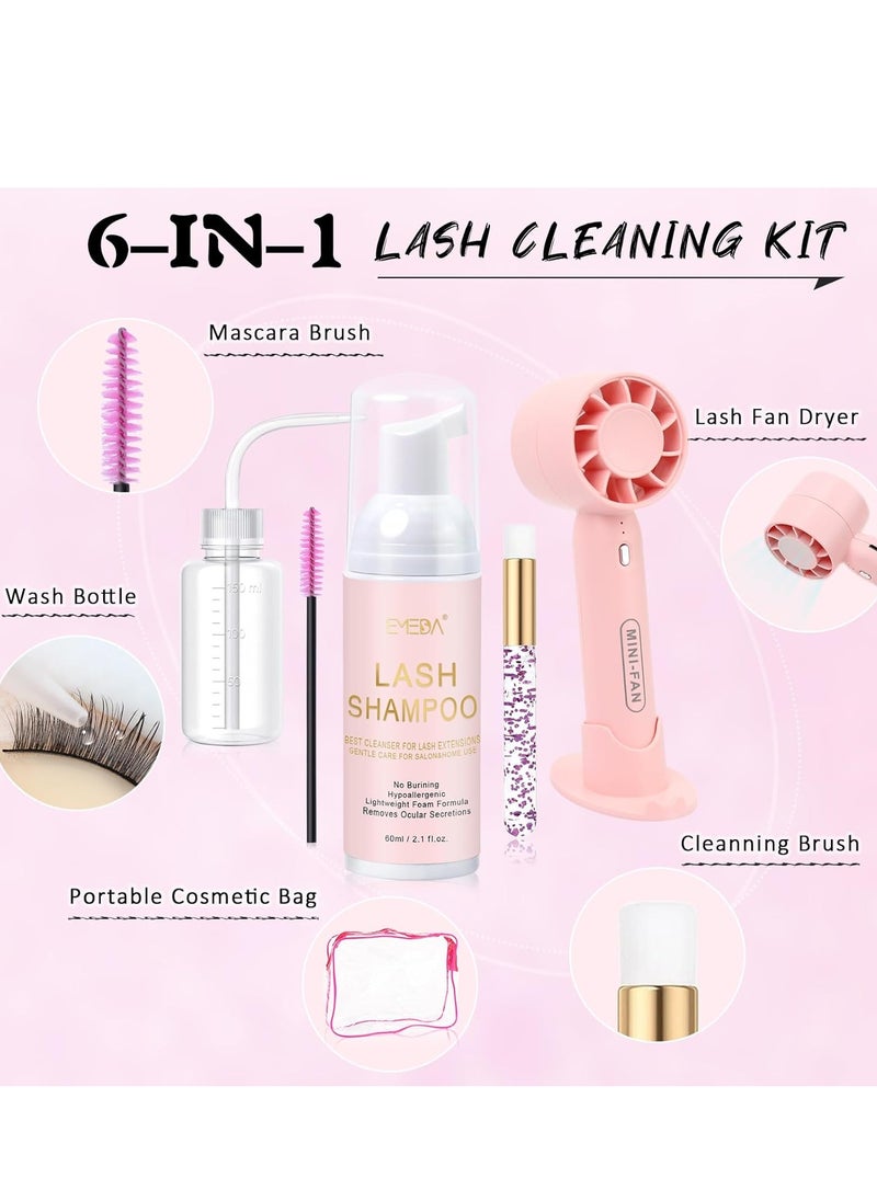 EMEDA Lash Shampoo Kit 2.02 fl oz Lash Cleaning Kit with Rechargeable Fan Dryer/Brush/Rinse Bottle, Oil-free Cleanser Wash for Extensions & Clusters & Natural Lashes, Cleaner for Eyelash Care