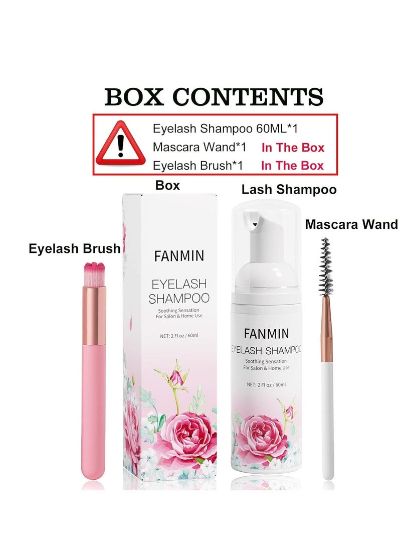 Eyelash Extension Cleanser 60ml +Mascara Wand+ Brush Eyelid Foaming Cleanser,Eyelash Wash and Lash Bath for Extensions,Paraben & Sulfate Free,Makeup Remover,Salon and Home use（60ml/2fl.oz）