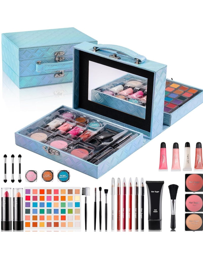 Hot Sugar Makeup Kit for Preteen Girls 10-12, Birthday Makeup Gift Set for Teens 16-18, All in One Beginner Makeup Kit for Women Full Kit (Blue Diamond)