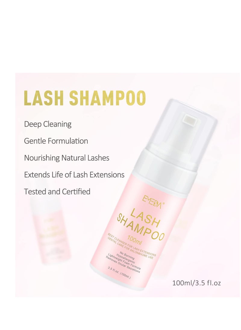 EMEDA Lash Shampoo Kit - 3.38 fl.oz / 100ml Gentle Foam Lash Cleanser, Oil-Free Cleaning for Wash Extension/Natural Eyelash Bath with Rinse Bottle Lash Brush