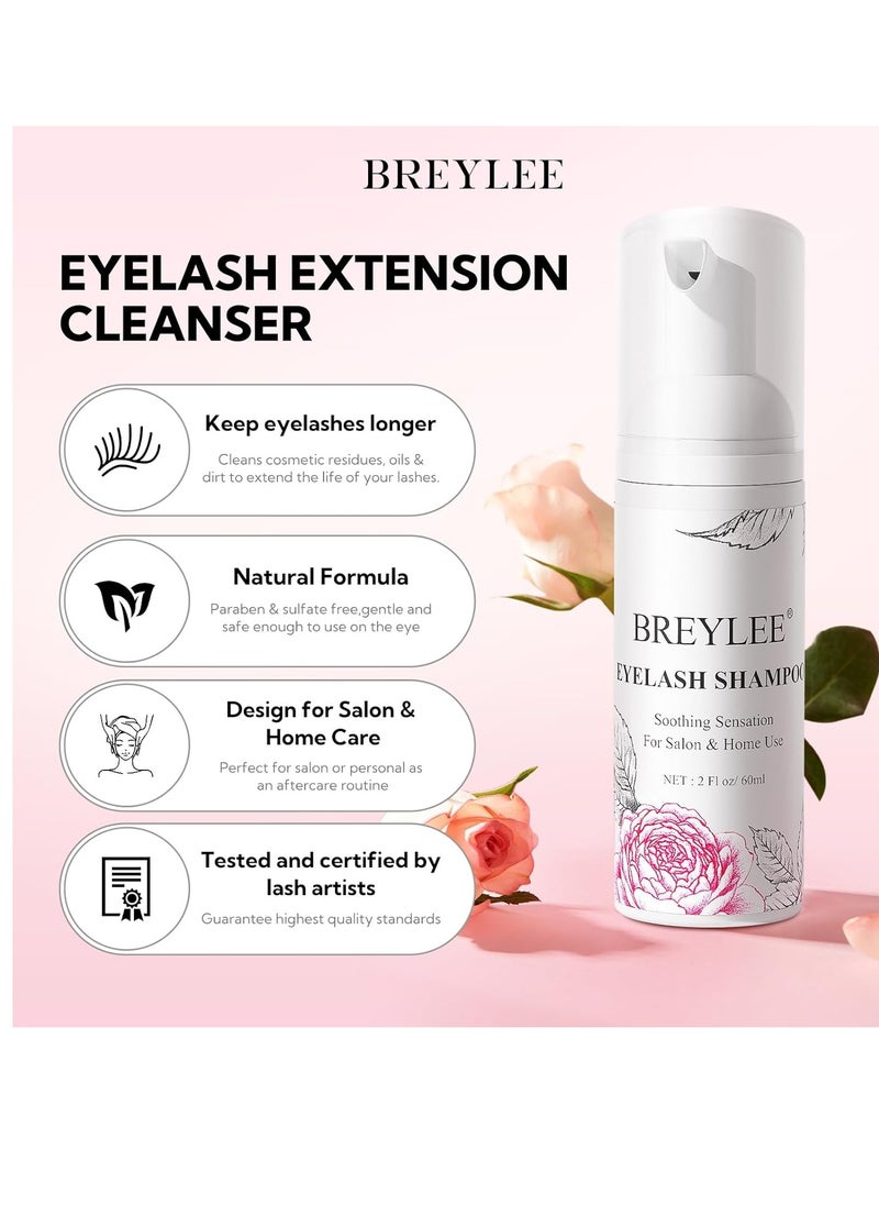 BREYLEE Shampoo for Lash Extensions, 60ml+Rinse Bottle+Brushes, Eyelash Extension Cleanser, Lash Wash Bath, Lash Cleaner for Makeup Cleansing Foams, Paraben & Sulfate Free for Salon and Home Use