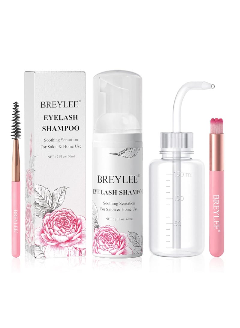 BREYLEE Shampoo for Lash Extensions, 60ml+Rinse Bottle+Brushes, Eyelash Extension Cleanser, Lash Wash Bath, Lash Cleaner for Makeup Cleansing Foams, Paraben & Sulfate Free for Salon and Home Use