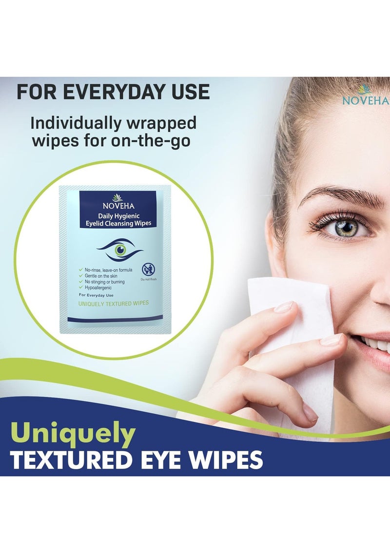 NOVEHA 120Pcs Daily Hygienic Eyelid & Lash Wipes | 120 Individually Wrapped Cleansing Eyelash Wipes - For Blepharitis & Itchy Eyes, Demodex and Natural Makeup Remover & Daily Cleanser (2 Pack)