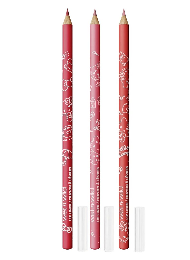 Hello Kitty 3-Piece Lip Liner Pencil Set, Lip Defining Silky Smooth Formula, Highly Pigmented Long-Wearing Finish, Cruelty-Free & Vegan Multicolour