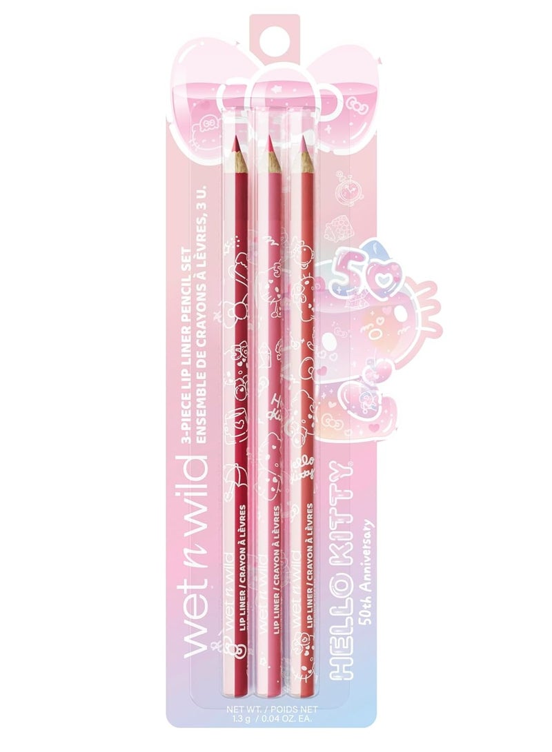 Hello Kitty 3-Piece Lip Liner Pencil Set, Lip Defining Silky Smooth Formula, Highly Pigmented Long-Wearing Finish, Cruelty-Free & Vegan Multicolour