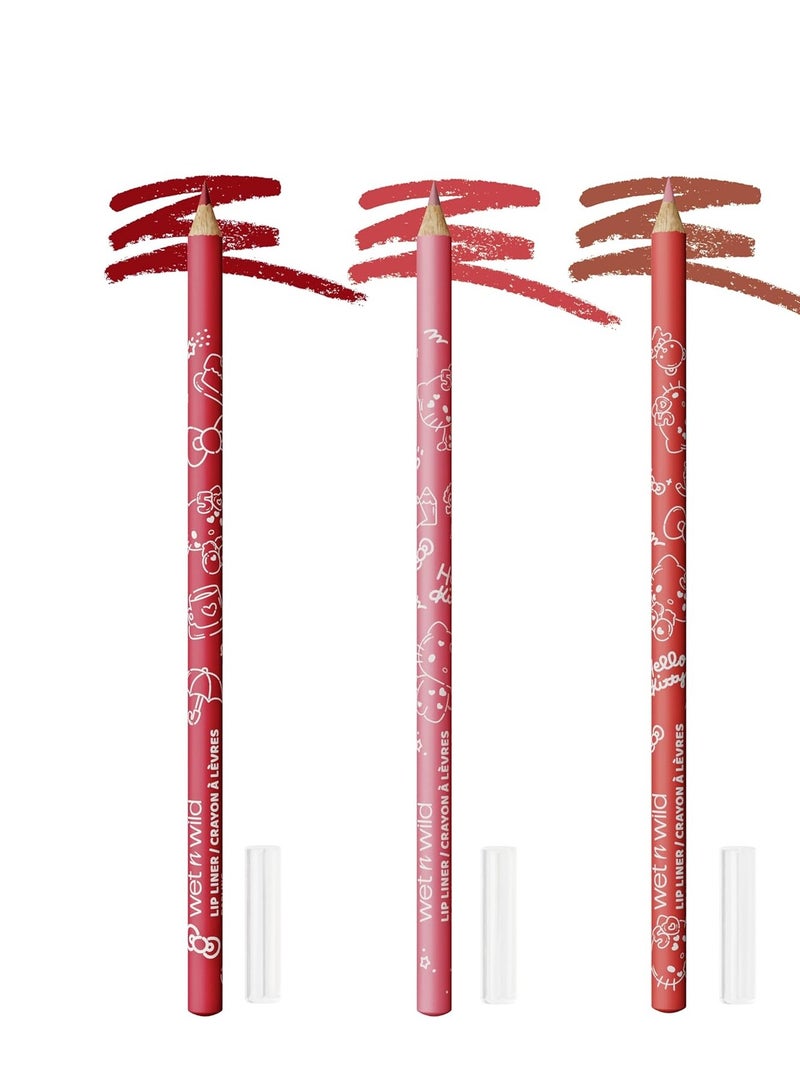 Hello Kitty 3-Piece Lip Liner Pencil Set, Lip Defining Silky Smooth Formula, Highly Pigmented Long-Wearing Finish, Cruelty-Free & Vegan Multicolour