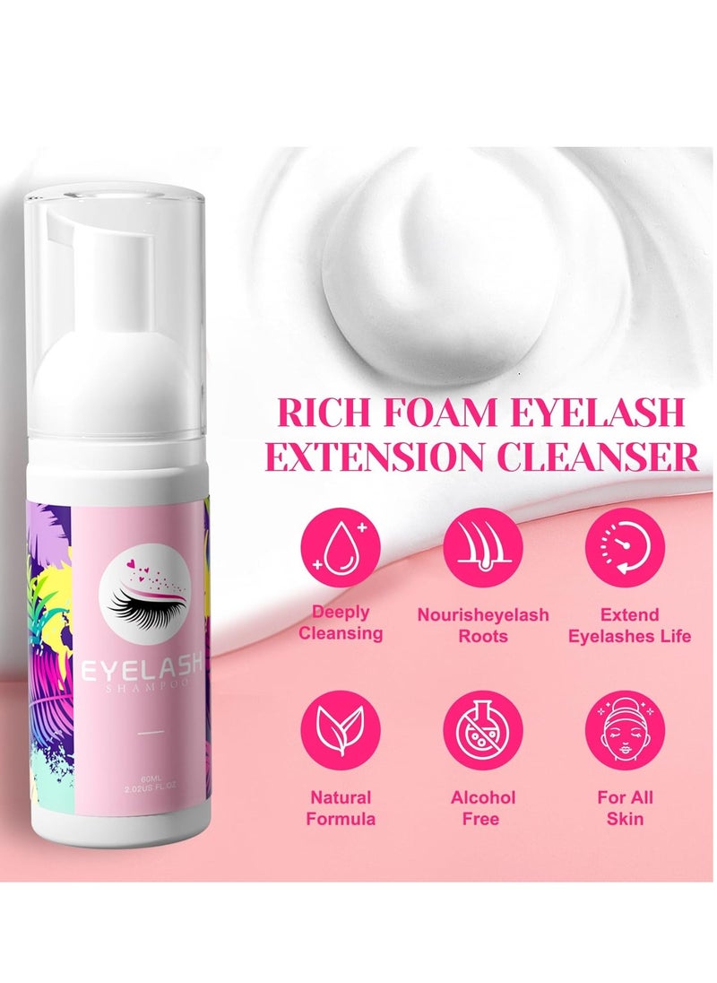 Buqikma Lash Shampoo 60ML - Lash Cleaning Kit Gentle Eyelash Extension Cleanser with Lash Fan Rinse Bottle Mascara Brushes Rich Foam Lash Shampoo Kit for Salon Lash Extension & Home Lash Bath(Pink)