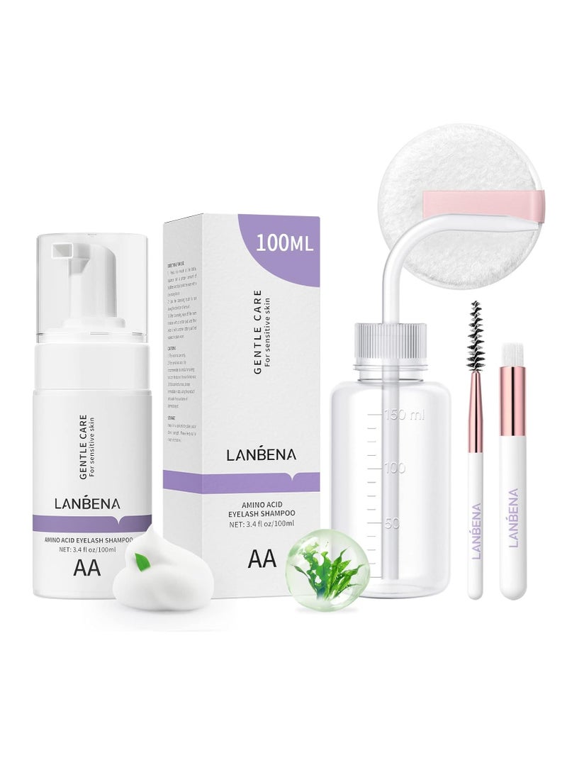 LANBENA Lash and Eyelash Cleanser Kit 100ml - Amino Acid Foam for Sensitive Skin, Makeup Remover, Paraben & Sulfate Free