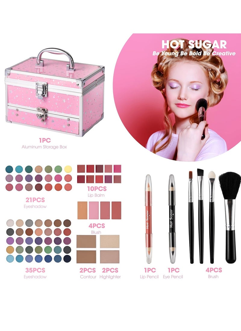 Hot Sugar Makeup Kit for Teens with Train Case, Portable Beginner Makeup Gift Set, Makeup Beauty Kit for Girls (PINK)