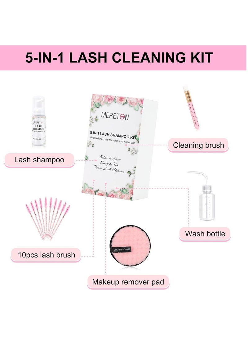 Lash Shampoo Kit for Lash Extensions, Eyelash Extension Cleanser Lash Cleaner Lash Cleaning Kit for Cluster Lashes Lash Bath with Makeup Pad+ Brush+Rinse Bottle, Oil Free Foam