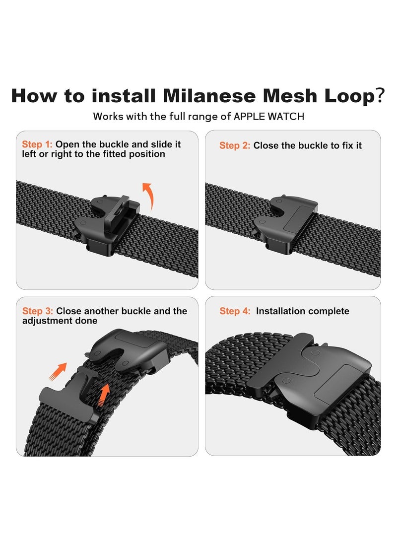 Milanese Mesh Loop Compatible with Apple Watch Bands 49mm 46mm 45mm 44mm 42mm for Men Women, Stainless Steel Mesh Loop with Parachute-style Buckle for iWatch Ultra 2 Series 10 9 8 7 6 SE 5 4 3