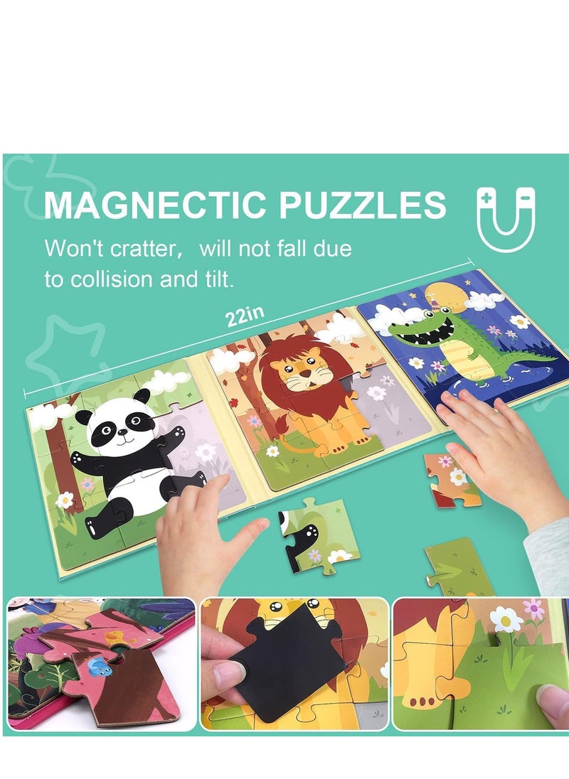 Magnetic Puzzles for Kids Ages 3 4 5, Advanced Version 9-12-16 Piece Animal Wooden Jigsaw Book Toddlers, Travel Games, Preschool Educational Learning Toys