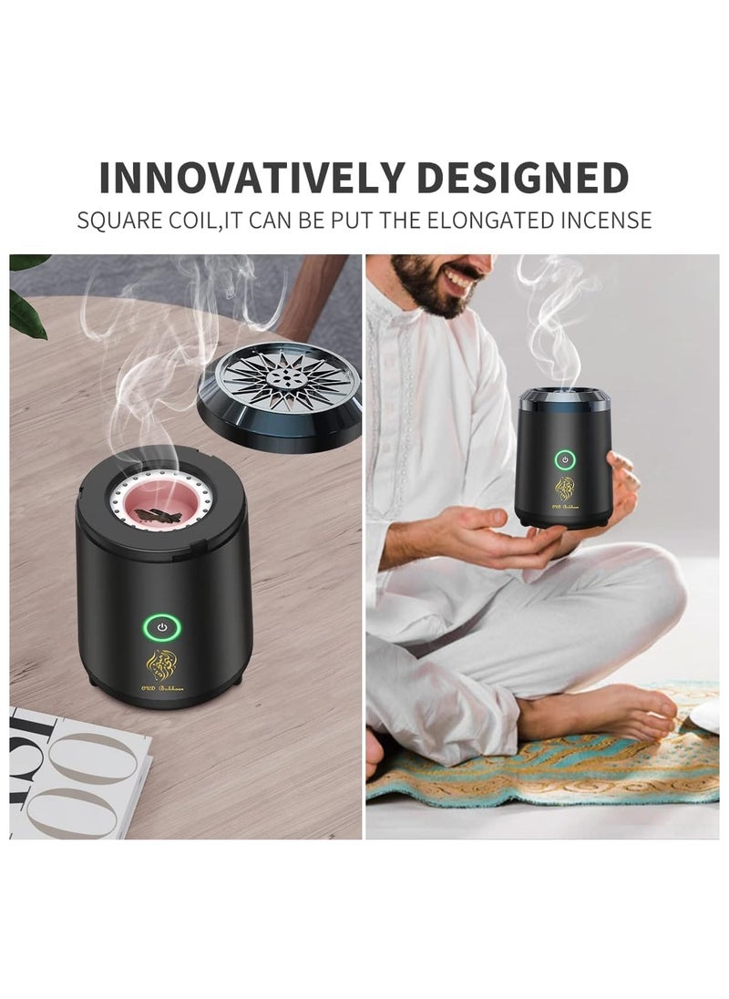 Oud Incense bukhoor burner electric Usb rechargeable best gift for home, car, office & desert camping, Portable Electronic Bakhoor Burner,Mini Incense Burner Bakhoor, Rechargeable USB Aroma Diffuser,Car Incense burner Electric Arabic Incense Holder Muslim Home Decoration, Black