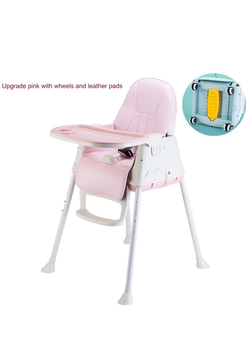 Multifunctional Baby Dining Chair, PP Material, Children's Three-Speed Dining Tray, Adjustable Universal Wheels, Multi-Purpose Detachable Portable Dining Chair - Pink (With Wheels And Leather Pad)