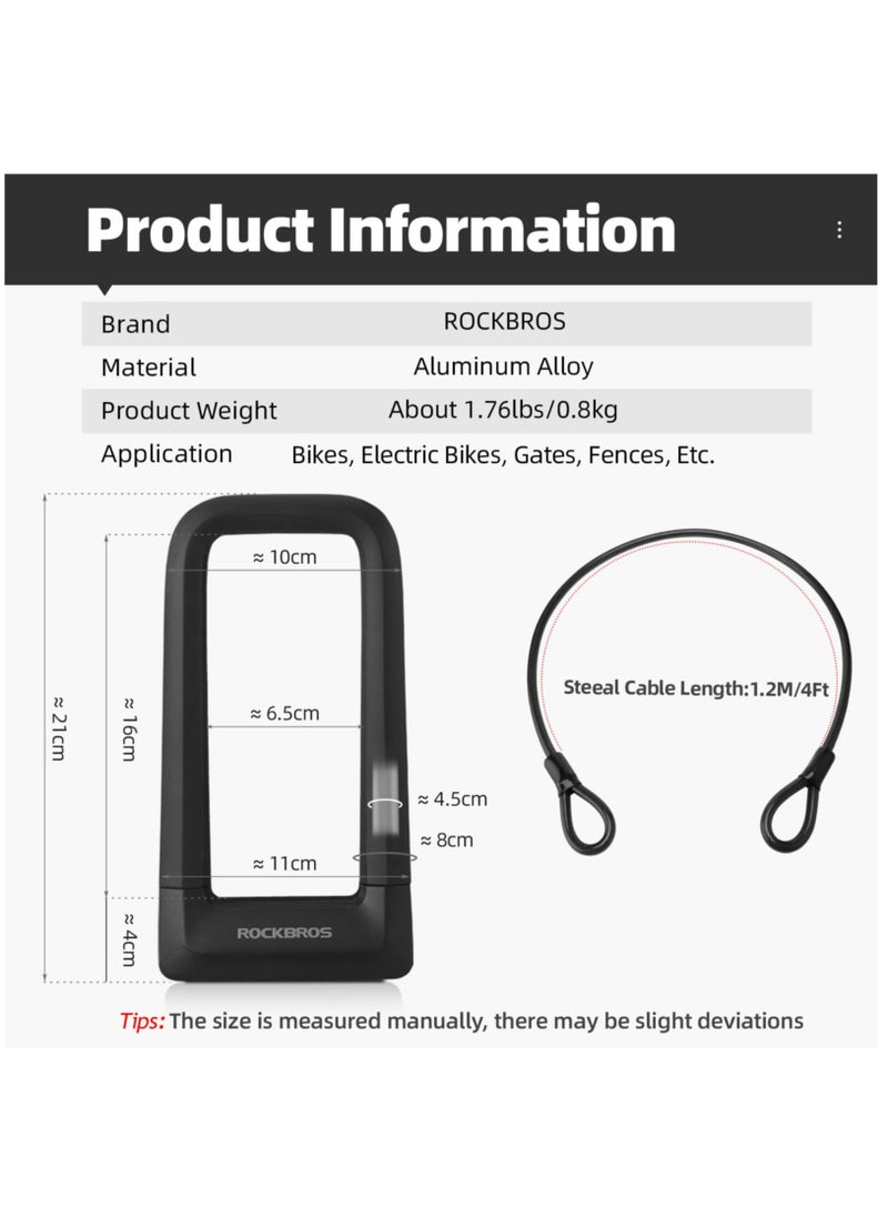Bike U Lock, Heavy Duty Anti Theft Bike U Lock with Cable Silicone Cover, Max 22.5MM Bike U Lock+Keys+Mounting Bracket