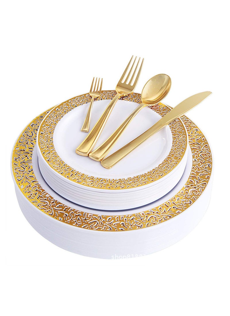 150PCS Gold Plastic Plates With Disposable Plastic Silverware, Plastic Tableware Sets